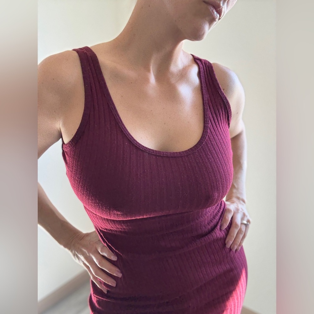 Ribbed Midi Tank Dress Flattering Bodycon Wine Merlot Stretch Small - Picture 3 of 11
